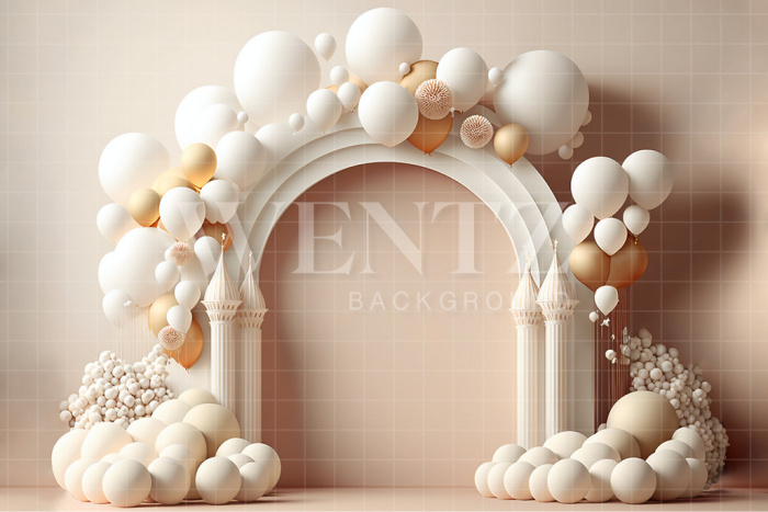 Fundo Fotográfico em Tecido Smash the Cake Balão Branco e Dourado / Backdrop 2676