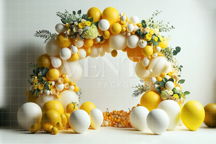 Fundo Fotográfico em Tecido Smash the Cake Balão Amarelo com Flores / Backdrop 2682