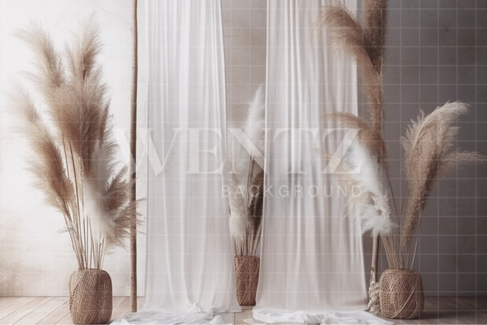 Fundo Fotográfico em Tecido Cenário Boho com Cortinas e Capim dos Pampas / Backdrop 3070