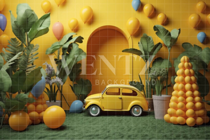 Fundo Fotográfico em Tecido Cenário Amarelo com Carrinho / Backdrop 4106