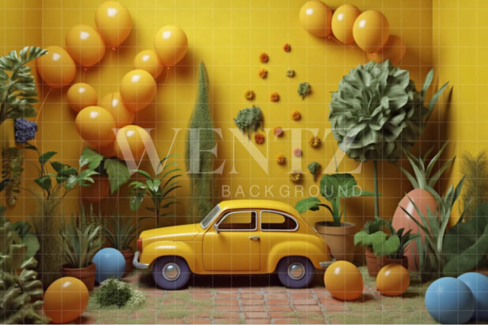 Fundo Fotográfico em Tecido Cenário Amarelo com Carrinho / Backdrop 4108