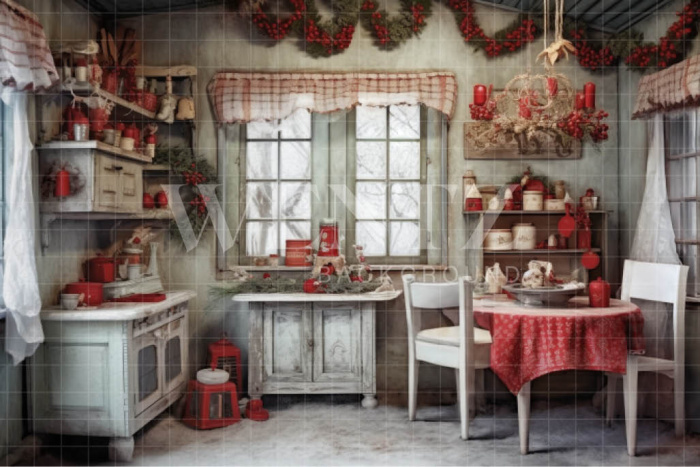 Fundo Fotográfico em Tecido Cozinha de Natal Vintage / Backdrop 4663