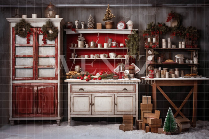 Fundo Fotográfico em Tecido Cozinha de Natal Vintage / Backdrop 4754