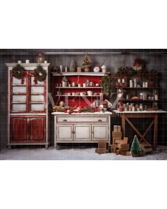 Fundo Fotográfico em Tecido Cozinha de Natal Vintage / Backdrop 4754